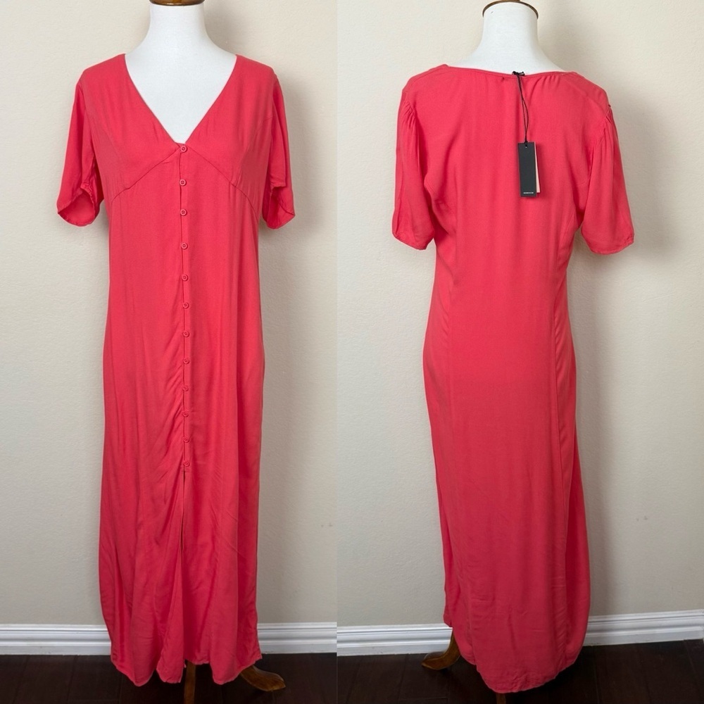 Monrow Red Short Sleeve Button Down Maxi Dress Shirtdress